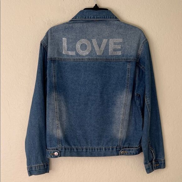 Source Unknown Jackets & Blazers - Like New! Blue Denim Jacket with 'LOVE' Embellishment Size and Brand Unknown